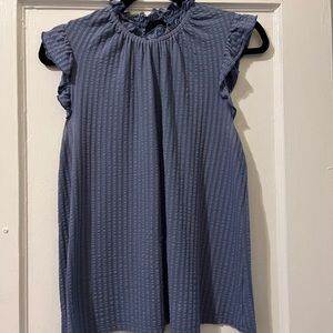 Blue Mock Neck Ribbed Blouse